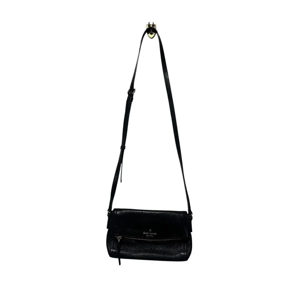 Kate Spade Crossbody Bag Womens Small Black Leather Foldover Zip Pocket Strap